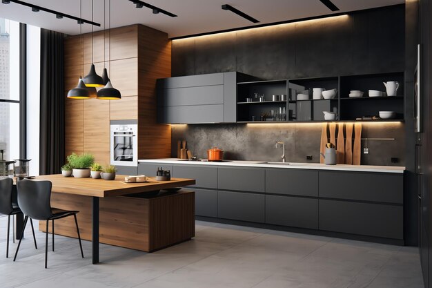 Modern keukeninterieurontwerp in appartement of huis met meubels Luxe scandinavische keuken