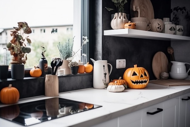 Modern keukeninterieurontwerp in gele en zwarte kleuren ingericht voor Halloween Generative AI