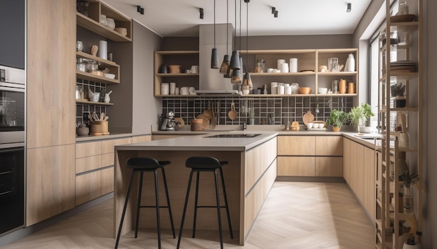 Modern keukenontwerp met elegante houten kasten en granieten werkbladen gegenereerd door AI