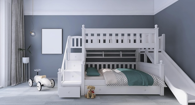 Modern kids bedroom interior design scene with bunk bed poster frame mockup teddy bear toy car