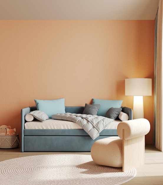 Modern kids bedroom with cozy bed and soft armchair peach wall mock up orange children room with blue sofa 3d rendering