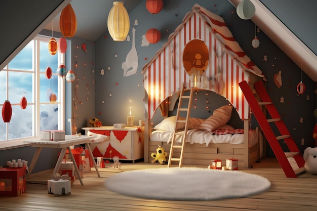 Modern kind slaapkamer interieur in huis met decoratie kinderen Kleurrijke kinderkamer