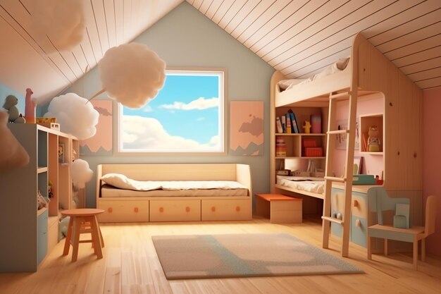 Modern kind slaapkamer interieur in huis met decoratie kinderen Kleurrijke kinderkamer