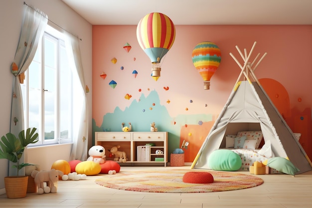 Modern kind slaapkamer interieur in huis met decoratie kinderen Kleurrijke kinderkamer