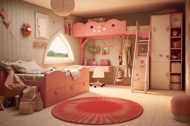 Modern kind slaapkamer interieur in huis met decoratie kinderen Kleurrijke kinderkamer