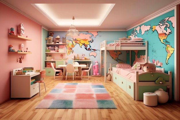 Modern kind slaapkamer interieur in huis met decoratie kinderen Kleurrijke kinderkamer