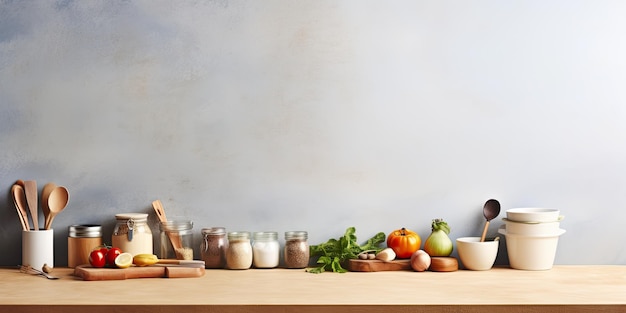 Modern kitchen backdrop with utensils on counter empty space for text viewed from front