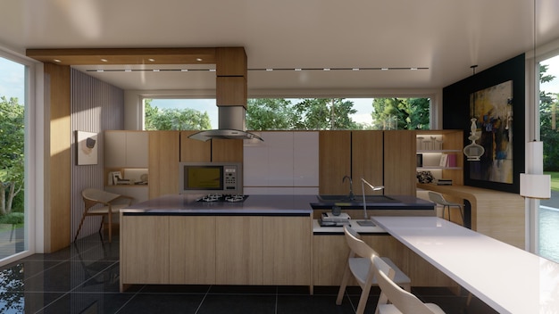 Foto design moderno degli interni del bancone della cucina con l'illustrazione 3d del fondo della natura dello scaffale della stufa del forno