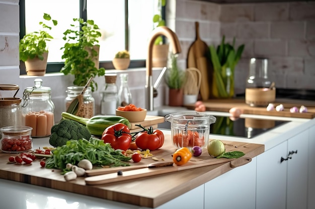 Modern kitchen countertop with domestic culinary utensils on it home healthy cooking concept