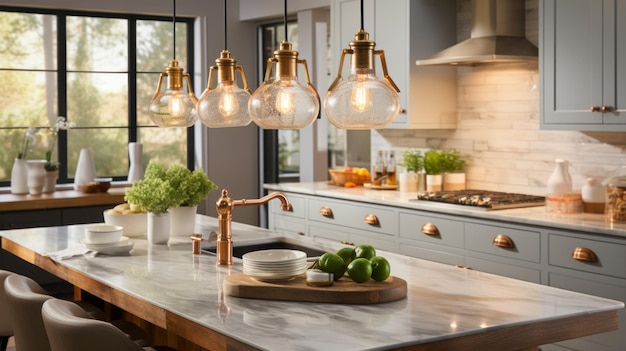 Детали современного дизайна кухни с островными лампами над столом с использованием натуральных материалов