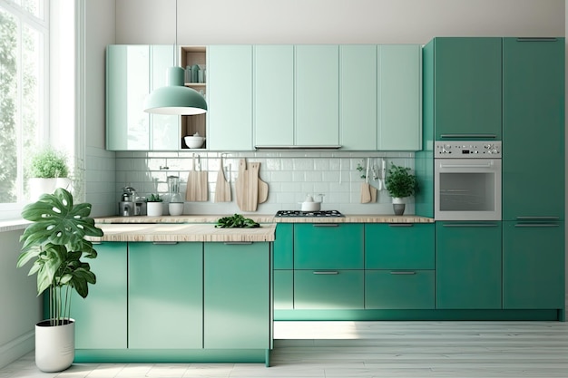 Premium AI Image | Modern kitchen design with green cabinets and wooden ...