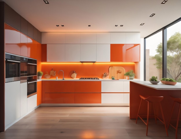 Photo modern kitchen design with orange color and equipped with glass walls generative photo ai