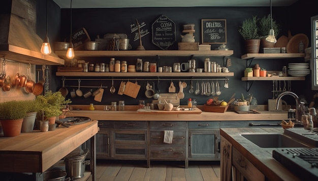 Современный дизайн кухни с деревенскими деревянными акцентами, созданный искусственным интеллектом