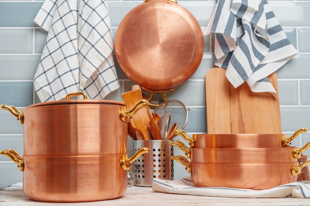 Photo modern kitchen details with copper kitchenware close up