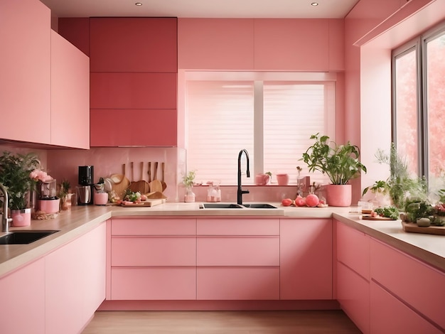 modern kitchen in house pink interior Design