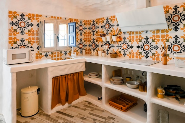 Photo modern kitchen inside a troglodyte cave for rural tourism