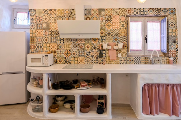 Modern kitchen inside a troglodyte cave for rural tourism