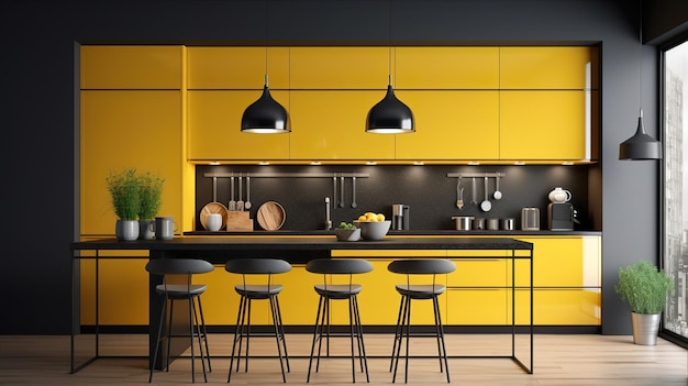 Modern kitchen interior 3d render Bright color Generative Ai