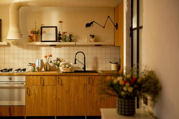 Modern kitchen interior decorated with flowers