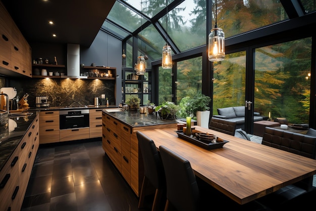 Photo modern kitchen interior design in apartment or house with furniture luxury kitchen scandinavian