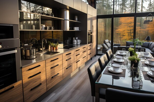 Современный дизайн интерьера кухни в квартире или доме с мебелью Роскошная кухня в скандинавском стиле