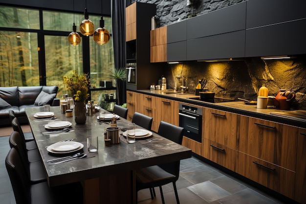 Modern kitchen interior design in apartment or house with furniture Luxury kitchen scandinavian