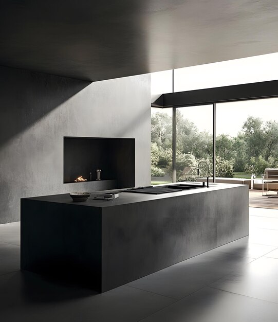 modern kitchen interior design with fireplace and large window