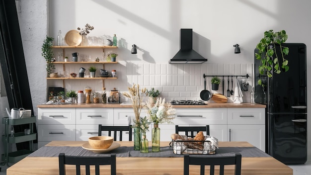 Modern kitchen interior design with table and decor