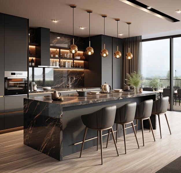 Modern kitchen interior in grey and black colors 3D Render