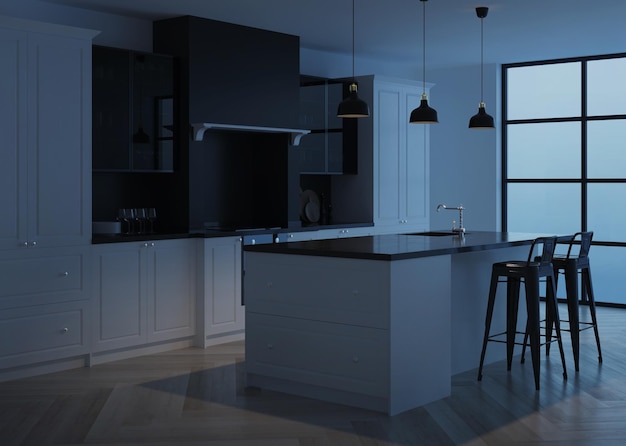 Modern kitchen interior. Modern classic. Evening lighting.  3D rendering.