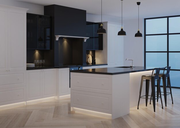 Modern kitchen interior. Modern classic. Evening lighting.  3D rendering.