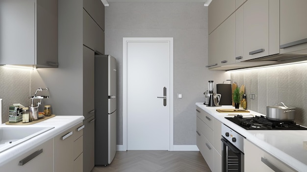 Photo modern kitchen interior of studio apartment in gray white and beige colors generative ai