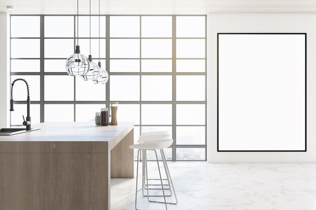 Foto interni moderni per la cucina con cornice vuota per la vostra finestra pubblicitaria degli elettrodomestici dell'isola con vista sulla città rendering 3d del concetto di design