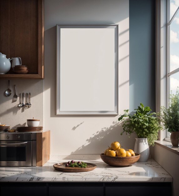 Photo modern kitchen interior with blank frame