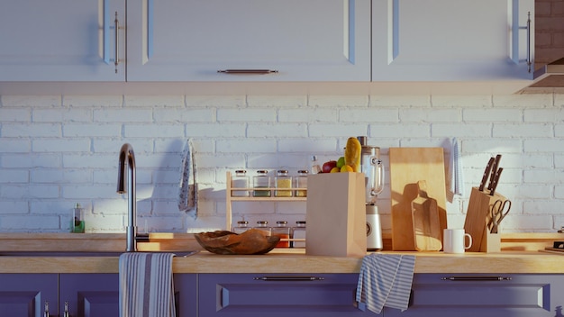 Modern kitchen interior with blue color furniture 3d rendering