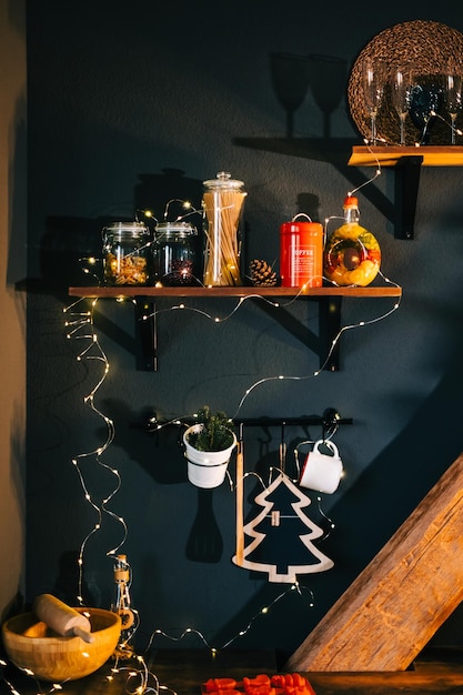 Modern kitchen interior with Christmas decorations.