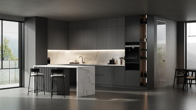 Modern kitchen interior with dinning area and window 3d rendering