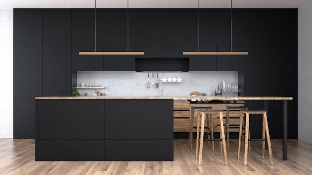 Modern kitchen interior with furniture.3d rendering