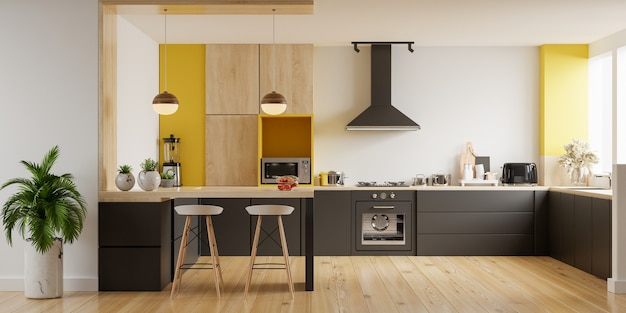 Modern kitchen interior with furniture.Stylish kitchen interior with yellow wall.3D Rendering