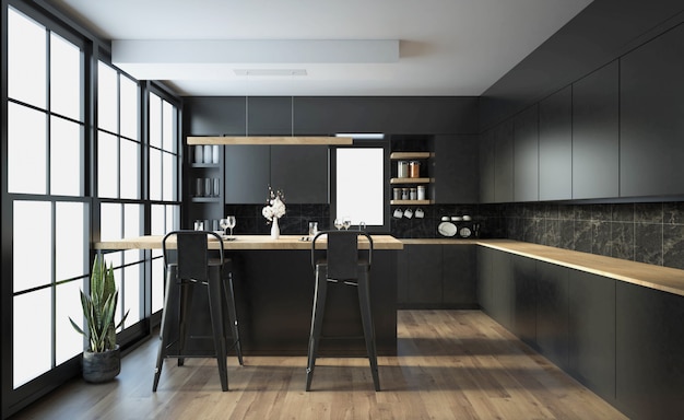 Modern kitchen interior with furniture.