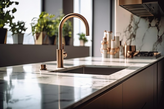 Modern Kitchen Interior with Gold Faucet and Marble Countertop