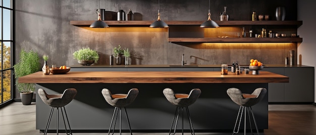 Modern kitchen interior with grey flooring black and wooden walls wooden worktops and a bar with stools
