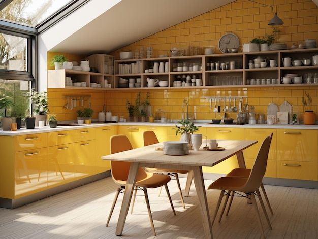 Modern kitchen interior with large dining table