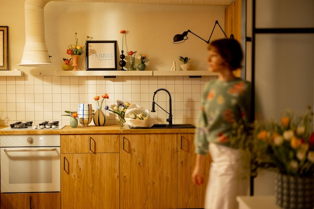 Modern kitchen interior with person walking