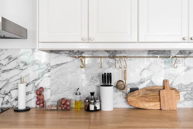 Modern kitchen interior with seasonings