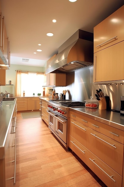 現代的なキッチンインテリアは,ジェネレーティブAIで作られたステンレス鋼の家電で作られています.
