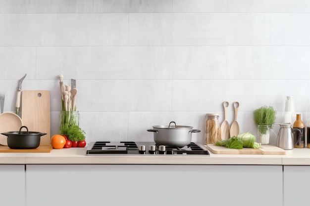 Modern kitchen interior with stove pan and other utensils