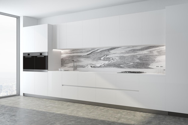 Modern kitchen interior with white and marble walls, white countertops and a large window. 3d rendering mock up