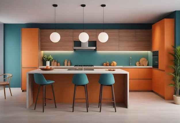 Modern kitchen interior with wooden cabinets builtin appliances an island with a sink and bar