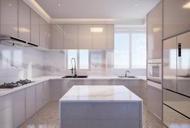 Foto interno della cucina moderna con tavolo sopra l'armadio in marmo bianco illustrazione 3d